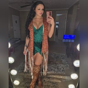 Tooled Leather Patterned Fringe Vest